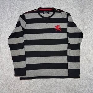 Express Mens Waffle Knit Thermal Shirt XL Black Gray Striped Red Lion Logo